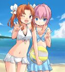  ;d arm_around_neck ball bangs beach beachball bikini bikini_skirt blue_bikini blue_sky breasts brown_hair closed_mouth clouds cloudy_sky commentary day eyebrows_visible_through_hair front-tie_bikini front-tie_top hair_intakes hair_ribbon holding holding_ball horizon kagerou_(kancolle) kakizaki_(chou_neji) kantai_collection looking_at_viewer medium_hair navel ocean one_eye_closed open_mouth outdoors parted_bangs pink_hair ribbon shiranui_(kancolle) short_hair short_ponytail sky small_breasts smile standing swimsuit twintails v violet_eyes white_bikini white_ribbon 