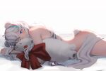  1girl absurdres animal_ears arknights bear_ears bear_girl bear_tail blue_eyes blue_hair highres laozhanshi long_hair looking_at_viewer lying multicolored_hair nude on_side one_eye_closed red_ribbon redhead ribbon rosa_(arknights) smile solo streaked_hair stuffed_seal tail towel white_background white_hair 
