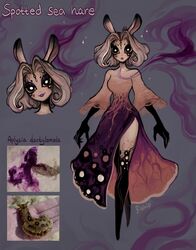  1girl absurdres animal_ears breasts dress full_body head_tilt highres lipstick makeup matilda_fiship medium_hair monster_girl original photo-referenced rabbit_ears sea_slug smile solo spotted_sea_hare 