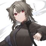  1girl absinthe_(arknights) animal_ears arknights bear_ears black_neckwear black_shirt breasts character_name commentary grey_hair highres large_breasts looking_at_viewer necktie radio raw_egg_lent red_eyes shirt short_hair solo symbol_commentary upper_body 