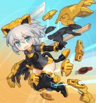  1girl aqua_hair bangs blush boots breasts chibi derivative_work eyebrows_visible_through_hair floating_hair grey_hair hair_behind_ear joints leotard looking_at_viewer mecha_musume model_kit open_hand open_hands plamo pointy_ears richetta_(30ms) robot_joints sankuma science_fiction short_hair small_breasts smile solo thigh-highs thigh_boots thirty_minutes_sisters 