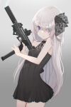  1girl absurdres bangs bare_shoulders black_dress blue_eyes dress eyebrows_visible_through_hair gradient gradient_background gun highres holding holding_gun holding_weapon long_hair looking_at_viewer mole mole_under_eye oota_youjo original pout silver_hair sleeveless sleeveless_dress solo weapon 