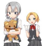  2girls blonde_hair bow bowtie clenched_hands closed_mouth commentary_request dress_shirt frown gloves green_eyes grey_eyes grey_hair grey_skirt grey_vest hair_intakes holding holding_stuffed_toy kakizaki_(chou_neji) kantai_collection long_hair looking_at_another maikaze_(kancolle) medium_hair multiple_girls nowaki_(kancolle) open_mouth pleated_skirt red_neckwear shirt short_hair short_ponytail short_sleeves simple_background skirt stuffed_animal stuffed_toy teddy_bear trembling vest white_background white_gloves white_shirt wing_collar 