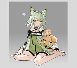  1girl animal_ear_fluff animal_ears arknights bare_shoulders barefoot breasts chunrijun_(springer) closed_eyes closed_mouth crying dress full_body green_dress green_eyes green_hair grey_background grey_jacket highres jacket kal&#039;tsit_(arknights) medium_breasts off-shoulder_jacket sitting solo streaming_tears stuffed_animal stuffed_bunny stuffed_toy tears yokozuwari 