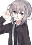  1girl absurdres adjusting_eyewear bespectacled blush girls_frontline glasses grey_hair highres jacket m200_(girls_frontline) necktie ponytail rotroto semi-rimless_eyewear simple_background solo upper_body violet_eyes white_background 