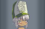 1other :3 animal_ears blush bune_poster english_text fang fang_out fish furry gradient gradient_background green_eyes grey_background hat_writing made_in_abyss meme nanachi_(made_in_abyss) portrait smug whiskers white_hair women_fear_me_fish_fear_me_(hat) 
