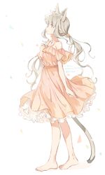  1girl animal_ears bangs bare_shoulders barefoot dress eyebrows_visible_through_hair grey_eyes grey_hair hair_ornament highres long_hair looking_up low_twintails original parted_lips sansaro_rii short_sleeves solo standing tail twintails 