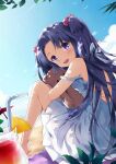  1girl absurdres barefoot blue_hair blue_sky clannad clouds commentary_request day doll_hug dress drink hair_bobbles hair_ornament highres ichinose_kotomi long_hair looking_at_viewer nyanya outdoors second-party_source sky solo strap_slip stuffed_animal stuffed_toy sundress teddy_bear two_side_up violet_eyes white_dress 
