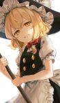  1girl apron blonde_hair blurry bow broom buttons commentary_request depth_of_field grimace hat highres holding holding_broom jill_07km kirisame_marisa looking_at_viewer red_bow short_hair simple_background solo touhou waist_apron white_background witch_hat yellow_eyes 