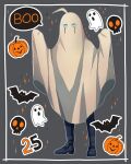 1boy ahoge android animal cat cheer_(cheerkitty14) dangan_ronpa_(series) dangan_ronpa_v3:_killing_harmony english_commentary ghost ghost_costume grey_background grey_eyes halloween hands_up highres jack-o&#039;-lantern keebo looking_at_viewer no_humans pumpkin sparkle speech_bubble 