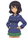  1girl akagi_(fmttps) bangs blue_jacket bob_cut brown_hair buttons closed_mouth commentary cowboy_shot dark_skin dark-skinned_female double-breasted girls_und_panzer green_eyes green_skirt hands_on_hips hoshino_(girls_und_panzer) jacket looking_to_the_side miniskirt ooarai_school_uniform pleated_skirt sailor_collar school_uniform short_hair simple_background skirt smile solo standing white_background winter_uniform 