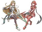  2girls aegis_sword_(xenoblade) bangs bare_shoulders black_gloves blonde_hair breasts chest_jewel dress earrings elbow_gloves fingerless_gloves full_body gloves god_of_kotatsu highres holding holding_sword holding_weapon jewelry long_hair medium_breasts multiple_girls mythra_(massive_melee)_(xenoblade) mythra_(xenoblade) pantyhose pyra_(xenoblade) red_eyes red_legwear red_shorts redhead short_dress short_hair short_shorts shorts smile super_smash_bros. swept_bangs sword thigh-highs thigh_strap tiara weapon white_dress white_footwear white_gloves xenoblade_chronicles_(series) xenoblade_chronicles_2 yellow_eyes 