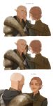  1boy 1girl bald cheetahman_(1ddghfr78cswc) couple dragon_age dragon_age:_inquisition elf gloves green_eyes grey_eyes hair_bun hand_on_another&#039;s_face hetero highres inquisitor_(dragon_age) korean_text old old_woman pointy_ears redhead shirt smile solas wrinkles 