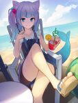  1girl absurdres animal_ears beach blue_eyes cat_ears clouds cloudy_sky cup day dutch_angle eximmetry fish_tail foreshortening gawr_gura highres holding holding_cup hololive hololive_english horizon long_hair looking_at_viewer multicolored_hair one_side_up outdoors shark_tail silver_hair sitting sky smile solo streaked_hair tail toenail_polish toes virtual_youtuber water 