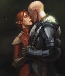  1boy 1girl armor artist_name bald cheetahman_(1ddghfr78cswc) couple dragon_age dragon_age:_inquisition elf facing_another freckles gloves glowing green_eyes hair_bun hetero highres holding_hands inquisitor_(dragon_age) pauldrons pointy_ears redhead sash shirt shoulder_armor simple_background smile solas 