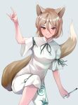  1girl absurdres animal_ears blush breasts brown_eyes brown_hair closed_mouth feet_out_of_frame fox_ears fox_shadow_puppet fox_tail grey_background hair_between_eyes hand_up highres holding_test_tube koizumo kudamaki_tsukasa looking_at_viewer medium_breasts romper short_hair simple_background smile solo tail touhou vial white_jumpsuit 