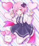  1girl bow breasts cat heart_balloon highres long_sleeves looking_at_viewer niconico nqrse open_mouth pink_eyes pink_hair rummy_73 short_hair simple_background skirt smile solo striped striped_background striped_bow utaite_(singer) 