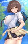  1girl ahoge ana_(vvvvor) ass azur_lane bag baltimore_(after-school_ace)_(azur_lane) baltimore_(azur_lane) beige_cardigan beige_sweater black_choker black_neckwear black_skirt blue_panties blue_sky blush braid breasts brown_hair cardigan cardigan_around_waist choker clothes_around_waist clouds cloudy_sky collared_shirt day eyebrows_visible_through_hair french_braid hair_between_eyes large_breasts looking_at_viewer necktie official_alternate_costume open_mouth outdoors panties partially_unbuttoned school_bag shirt short_sleeves skirt sky solo surprised tied_sweater tree underwear uniform white_shirt yellow_eyes 
