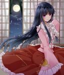  1girl bamboo bamboo_print bangs black_hair blunt_bangs blush bow closed_mouth clouds cloudy_sky commentary eyebrows_visible_through_hair floating_hair frilled_skirt frilled_sleeves frills full_body full_moon houraisan_kaguya indoors long_hair long_skirt long_sleeves looking_at_viewer moon moonlight night night_sky okawa_friend open_door pink_shirt red_skirt shiny shiny_hair shirt sitting skirt sky sleeves_past_fingers sleeves_past_wrists sliding_doors smile solo straight_hair touhou violet_eyes white_bow 