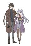  1boy 1girl alternate_costume bangs black_footwear black_hair black_legwear boots brown_coat coat double_bun food genshin_impact gloves hair_between_eyes hair_ornament highres holding holding_food keqing_(genshin_impact) long_hair pants papajay_(jennygin2) pink_eyes ponytail purple_coat purple_hair simple_background skirt standing takoyaki thigh-highs twintails white_background yellow_eyes zhongli_(genshin_impact) 