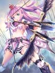  1girl alternate_costume arrow_(projectile) belt bow_(weapon) bra buruma crown fantasy heterochromia highres himemori_luna holding holding_bow_(weapon) holding_weapon hololive long_hair mogmog open_mouth pink_bra pink_hair solo underwear v-shaped_eyebrows virtual_youtuber weapon 
