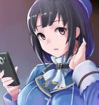  1girl ascot beret black_background black_hair blue_headwear blush breasts cellphone eyebrows_visible_through_hair gradient gradient_background hair_between_eyes hat highres holding holding_phone indoors kantai_collection large_breasts military military_uniform mizuki_kyou open_mouth phone red_eyes short_hair smartphone smile solo takao_(kancolle) uniform upper_body 
