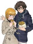  1boy 1girl audrey_burne banagher_links blonde_hair brown_eyes brown_hair coat food glasses green_eyes kei-co looking_at_viewer mineva_lao_zabi open_mouth short_hair simple_background white_background 