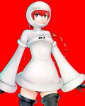  1girl android bangs black_footwear black_gloves black_shorts blue_eyes boots bright_pupils detached_hair gloves gokulkrishna hair_between_eyes hair_intakes heart highres hood hood_up hoodie long_sleeves outstretched_arms persona persona_5 persona_5_scramble:_the_phantom_strikers ponytail red_background redhead short_shorts shorts simple_background sophia_(p5s) thigh-highs thigh_boots white_hoodie white_pupils wide_sleeves 