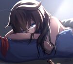  1girl ahoge arm_rest bangs blue_eyes dated hair_between_eyes hair_down hair_flaps infini kantai_collection long_hair looking_at_viewer lying on_stomach remodel_(kantai_collection) shigure_(kancolle) simple_background solo twitter_username upper_body 