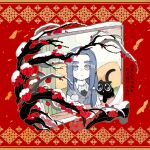  2boys black_cat cat causticsoda4 expressionless flower grey_eyes grey_hair long_hair long_sleeves looking_at_viewer luoxiaohei multiple_boys plant red_flower snow sweater the_legend_of_luo_xiaohei window wuxian_(the_legend_of_luoxiaohei) 