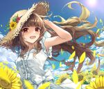  1girl :d armpits arms_up bangs blunt_bangs brown_hair clouds dress flower hat highres idolmaster idolmaster_cinderella_girls kamiya_nao long_hair looking_at_viewer open_mouth outdoors petals red_eyes shino_sto sky smile solo straw_hat sun sundress sunflower thick_eyebrows upper_teeth wind 