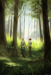  1boy 1girl arm_behind_back artist_name bald boots cheetahman_(1ddghfr78cswc) couple dragon_age dragon_age:_inquisition elf forest from_behind grass hair_bun hetero highres holding_hands nature outdoors pants pointy_ears redhead shirt tree walking 
