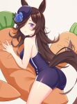 1girl animal_ears ass bare_arms bare_shoulders beige_background blue_headwear blue_swimsuit blush brown_hair hair_over_one_eye hat highres horse_ears horse_girl horse_tail long_hair looking_at_viewer one-piece_swimsuit one_eye_covered parted_lips rice_shower_(umamusume) school_swimsuit simple_background sleeveless sogdin solo swimsuit tail thighs umamusume violet_eyes