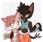  1boy 1girl abs animal_ears animal_nose artist_name bangle black_hair body_fur border bracelet clothes_writing colored_sclera commentary couple crop_top cup disposable_cup dog_ears dog_girl dog_tail drawstring drink drinking_straw english_commentary eyeliner flat_chest furry green_eyes hair_between_eyes half-closed_eyes happy highres holding holding_cup jewelry kaijumilk makeup midriff multicolored_hair navel necklace orange_eyes original outside_border parted_lips shirt short_hair simple_background sleeveless smile standing swimsuit symbol_commentary tail tail_wagging tankini toned two-tone_hair watermark white_border yellow_sclera 