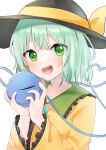  1girl :d absurdres bangs black_headwear green_eyes green_hair hat hat_ribbon heart heart_of_string highres koishi_day komeiji_koishi long_sleeves looking_at_viewer nahoshi_(sevenstar744) open_mouth ribbon short_hair simple_background smile solo third_eye touhou upper_body white_background wide_sleeves yellow_ribbon 
