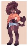  1girl animal_ears animal_nose artist_name barefoot big_hair blush border breasts brown_eyeshadow brown_hair commentary cropped_hoodie dark_skin dark-skinned_female denim denim_shorts eyeliner feet full_body furry green_eyes grin half-closed_eyes hand_on_hip heart highres hood hood_down hoodie kaijumilk legs long_hair long_sleeves looking_at_viewer makeup mole mole_under_eye navel original outside_border short_shorts shorts simple_background smile solo standing tail thick_eyebrows thighs very_dark_skin white_border 