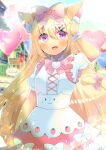  1girl :d animal_ears arm_up bangs blonde_hair blurry blurry_background blush bow breasts cat_ears cat_girl cat_tail depth_of_field eyebrows_visible_through_hair hair_between_eyes hair_bow hair_ornament hairclip heart_balloon kouu_hiyoyo long_hair looking_at_viewer open_mouth original pink_bow pink_skirt puffy_short_sleeves puffy_sleeves shirt short_sleeves skirt small_breasts smile solo tail tail_bow tail_ornament tail_raised very_long_hair violet_eyes white_bow white_shirt wrist_cuffs 