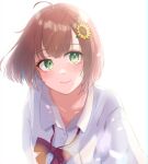  1girl ahoge bangs blush bow bowtie brown_hair collarbone commentary_request eyebrows_visible_through_hair flower green_eyes hair_flower hair_ornament honma_himawari hyakunin_momoko looking_at_viewer medium_hair nijisanji red_neckwear shirt smile solo sunflower_hair_ornament uniform virtual_youtuber white_background white_shirt 