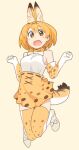  1girl :d animal_ear_fluff animal_ears animal_print bangs bare_shoulders beige_background bow bowtie clenched_hands cross-laced_clothes dot_nose elbow_gloves extra_ears eyebrows_visible_through_hair feet_up footwear_bow full_body gloves hair_between_eyes hands_up high-waist_skirt highres jumping kasa_list kemono_friends looking_at_viewer miniskirt open_mouth orange_eyes orange_hair print_bow print_gloves print_neckwear print_skirt serval_(kemono_friends) serval_ears serval_print serval_tail shirt short_hair simple_background skirt sleeveless sleeveless_shirt smile solo striped_tail tail tareme thigh-highs w_arms white_bow white_footwear white_shirt zettai_ryouiki 