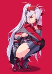  1girl azumi_akitake azur_lane breasts commentary_request full_body hair_ornament highres iron_blood_(emblem) long_hair looking_at_viewer mole mole_on_breast orange_eyes prinz_eugen_(azur_lane) red_background shoes sideboob solo squatting thighs twintails white_hair 