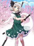  1girl black_bow black_neckwear black_ribbon blue_eyes blue_sky blush bow bowtie breasts cherry_blossoms clouds cloudy_sky collared_shirt commentary cowboy_shot day eyebrows_visible_through_hair frilled_skirt frills green_skirt green_vest hair_ribbon hairband hitodama katana konpaku_youmu konpaku_youmu_(ghost) looking_at_viewer medium_breasts okawa_friend open_mouth outdoors petals pleated_skirt puffy_short_sleeves puffy_sleeves ribbon scabbard sheath sheathed shirt short_hair short_sleeves silver_hair skirt sky solo sword touhou tree tsurime vest weapon white_shirt wind wing_collar 