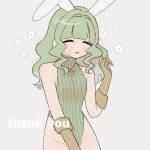  1girl =_= adapted_costume animal_ears bangs bare_arms bare_hips blunt_bangs breasts brown_gloves closed_eyes cowboy_shot facing_viewer fake_animal_ears flower futaba_sana gloves green_hair green_leotard grey_background groin hand_up happy holding holding_hair laughing leotard light_blush magia_record:_mahou_shoujo_madoka_magica_gaiden mahou_shoujo_madoka_magica medium_hair muted_color no_nose parted_lips rabbit_ears ribbed_leotard shiny shiny_hair sidelocks simple_background small_breasts solo turtleneck turtleneck_leotard wavy_hair white_flower yuri7s0 