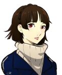  1girl bangs blue_coat blunt_bangs blush braided_hairband brown_hair coat eyebrows_visible_through_hair hairband kokomi_(aniesuakkaman) niijima_makoto open_mouth parted_lips persona persona_5 persona_5_the_royal red_eyes short_hair signature simple_background solo sweater teeth turtleneck turtleneck_sweater white_background white_sweater 