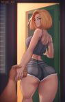  alternate_costume android_18 ass back biitii blonde_hair blue_eyes breasts cutoffs denim denim_shorts doorway dragon_ball dragon_ball_z highres holding_hands kneepits large_breasts making-of_available pov shorts shoulder_blades smile tank_top thick_thighs thighs twitter_username 