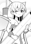  1girl alternate_costume amatsukaze_(kancolle) ataru_(ataru-littlebird) commentary_request cowboy_shot greyscale hair_tubes highres holding kantai_collection looking_at_viewer magical_girl monochrome one_eye_closed oversized_object solo two_side_up wings 