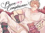  1boy battle_tendency birthday blonde_hair boots brown_footwear brown_gloves caesar_anthonio_zeppeli closed_mouth commentary_request cursive dated eyelashes facial_mark flower gloves green_eyes hair_over_one_eye hand_on_hip happy_birthday headband_removed italian_text jojo_no_kimyou_na_bouken korean_commentary looking_at_viewer male_focus mapi_(mup1228) pants petals protected_link reclining red_flower rose shirt short_hair short_sleeves smile solo stuffed_animal stuffed_toy t-shirt teddy_bear v-neck white_pants white_shirt 