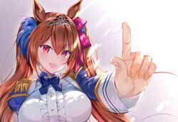  1girl animal_ears breasts daiwa_scarlet_(umamusume) ear_ribbon epaulettes eyebrows_visible_through_hair fang fingernails hair_between_eyes horse_ears horse_girl index_finger_raised large_breasts long_hair long_sleeves looking_at_viewer open_mouth pink_ribbon red_eyes redhead rei_(rei&#039;s_room) ribbon solo tiara twintails umamusume uniform upper_body 