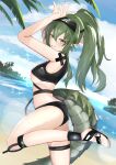  1girl absurdres alternate_costume ankle_strap arknights beach bikini black_bikini breasts clouds commentary_request crocodilian_tail day depayama_(depaty) foot_out_of_frame from_side gavial_(arknights) green_hair hand_up highleg highleg_bikini highres long_hair long_sleeves looking_at_viewer looking_to_the_side medium_breasts navel parted_lips pointy_ears ponytail sandals sidelocks sky smile solo sparkle standing standing_on_one_leg swimsuit tail thigh_strap thighs under_boob visor_cap yellow_eyes 