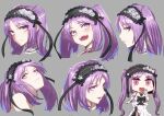  1girl bangs blush breasts chibi closed_mouth collarbone dress euryale_(fate) expression_chart fate/hollow_ataraxia fate_(series) frilled_hairband frills hairband long_hair looking_at_viewer minami_koyogi multiple_views open_mouth parted_bangs parted_lips purple_hair riyo_(lyomsnpmp)_(style) sidelocks small_breasts smile twintails very_long_hair violet_eyes white_dress 