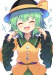  1girl :d ^_^ black_headwear blush closed_eyes commentary_request e.o. eyebrows_visible_through_hair green_hair hat highres koishi_day komeiji_koishi long_sleeves open_mouth short_hair simple_background smile solo sparkle touhou upper_body white_background wide_sleeves 